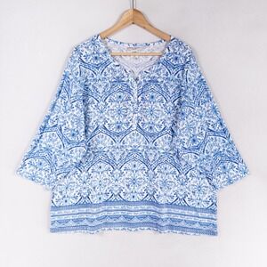 Rebecca Malone Woman Top 2X Blue White Floral Jersey Knit Popover 3/4 Sleeve